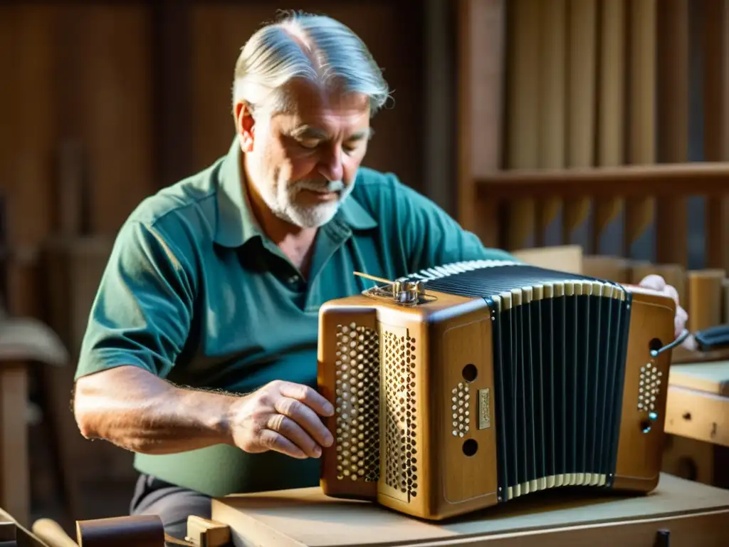 Un artesano crea con cuidado un acordeón en un taller rústico, resaltando la historia y la evolución de la música del acordeón