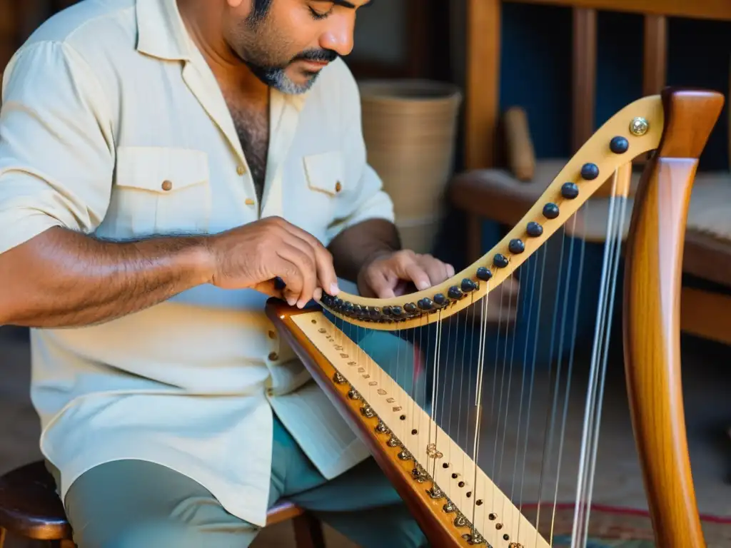 Un artesano restaura con cuidado una arpa paraguaya, mostrando destreza y dedicación en la restauración de instrumentos musicales populares