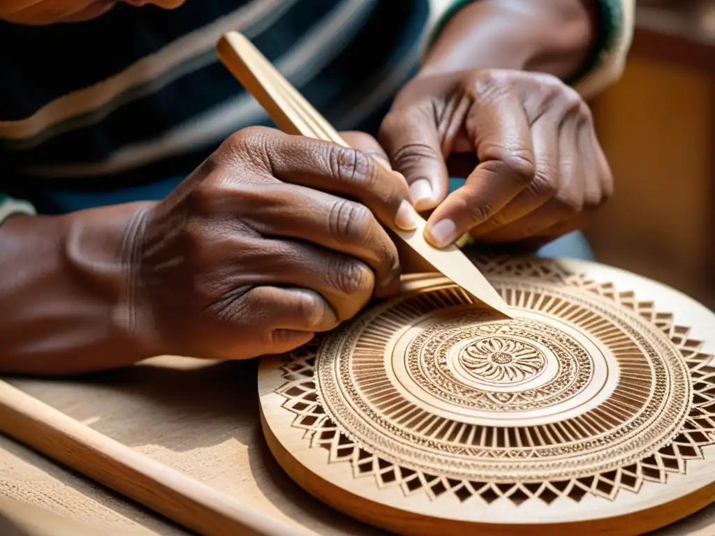 Artesano tallando con cuidado el cuerpo de un charango andino, resaltando la tradición y la meticulosidad en la construcción del instrumento