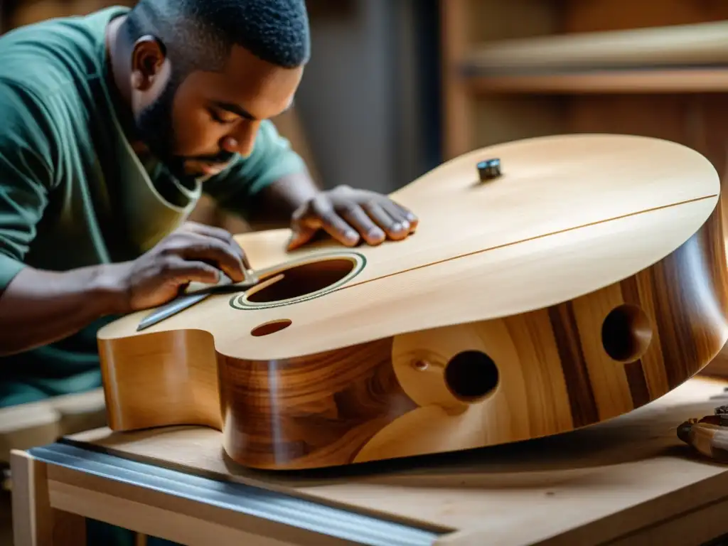 Artesano tallando con cuidado un cuerpo de guitarra de madera, transmitiendo artesanía y sostenibilidad en instrumentos musicales