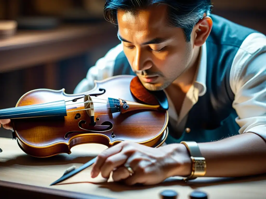 Un artesano restaura con cuidado las delicadas cuerdas de un violín antiguo, utilizando técnicas tradicionales y tecnología moderna