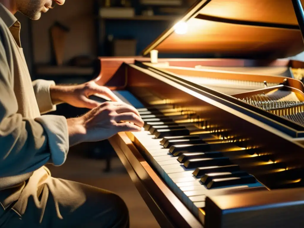 Un artesano restaura con cuidado un gran piano en un taller con luz tenue