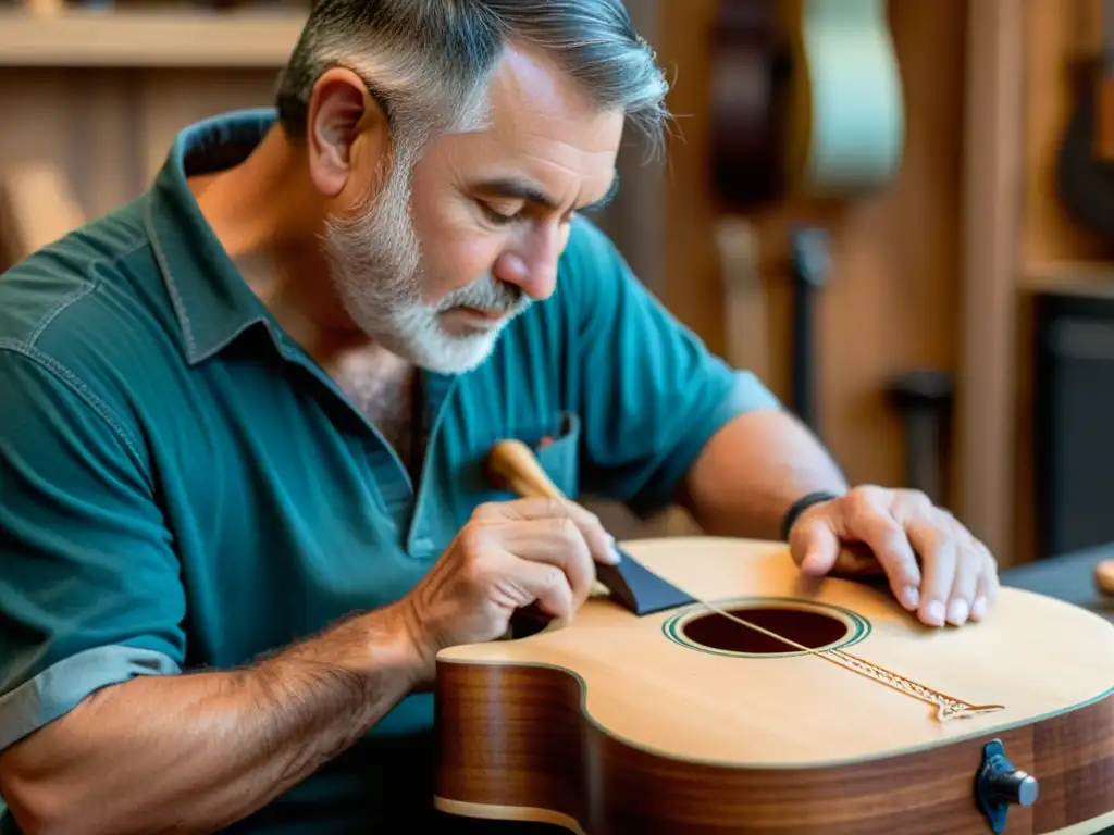 Un artesano esculpe con cuidado una guitarra de madera sostenible, destacando la belleza y artesanía de instrumentos musicales sostenibles