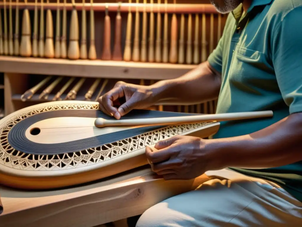 Un artesano restaura con cuidado un instrumento indígena, resaltando la importancia cultural de los instrumentos indígenas