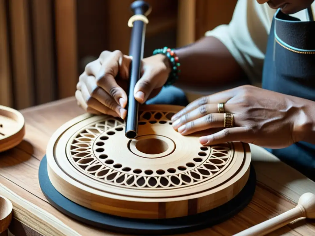 Un artesano tallando con cuidado un instrumento musical de madera rodeado de materiales sostenibles