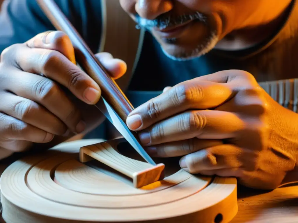 Un artesano restaura con cuidado un instrumento musical popular, resaltando la dedicación a preservar nuestras tradiciones culturales