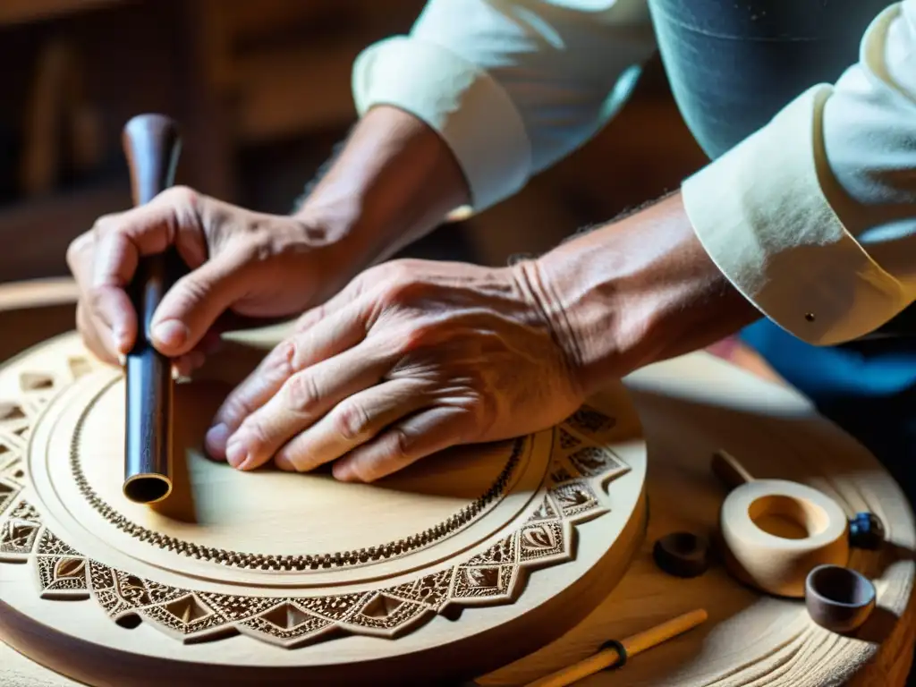 Un artesano restaura con cuidado un instrumento musical tradicional, resaltando la importancia cultural de preservar instrumentos tradicionales