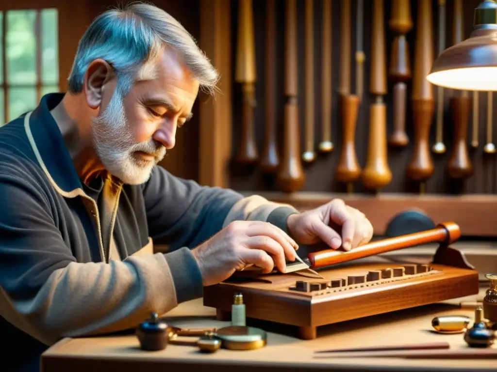 Un artesano restaura con cuidado un instrumento musical vintage, rodeado de materiales modernos de preservación