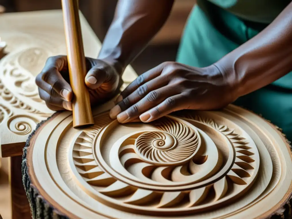 Artesano tallando con cuidado un instrumento de viento ecológico, resaltando la producción ecológica de instrumentos de viento