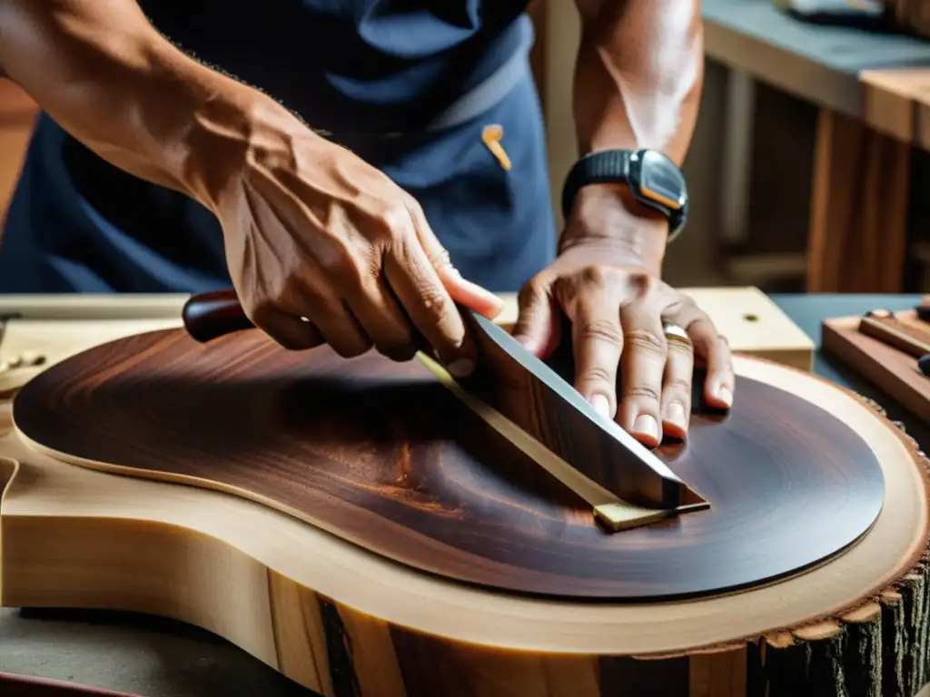 Un artesano luthier talla con cuidado madera de brasileña para crear una Viola Caipira