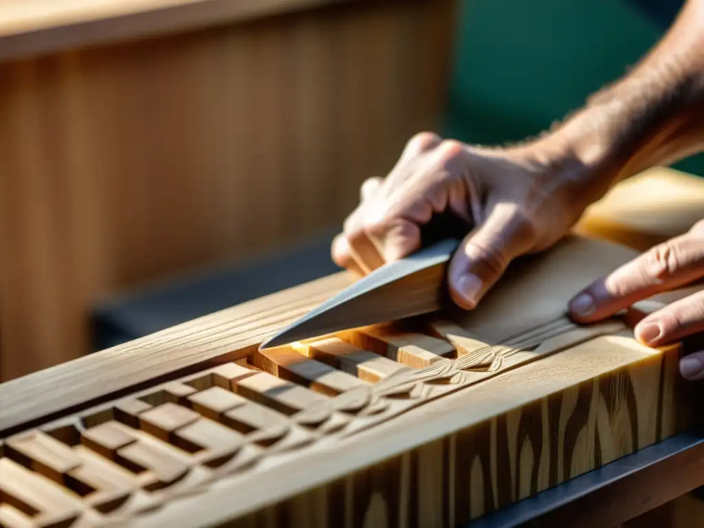 Un artesano tallando con cuidado una pieza de madera sostenible para la construcción de una guitarra