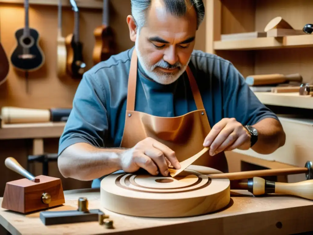 Un artesano luthier talla con cuidado y dedicación una pieza de madera para transformación diseño instrumentos musicales