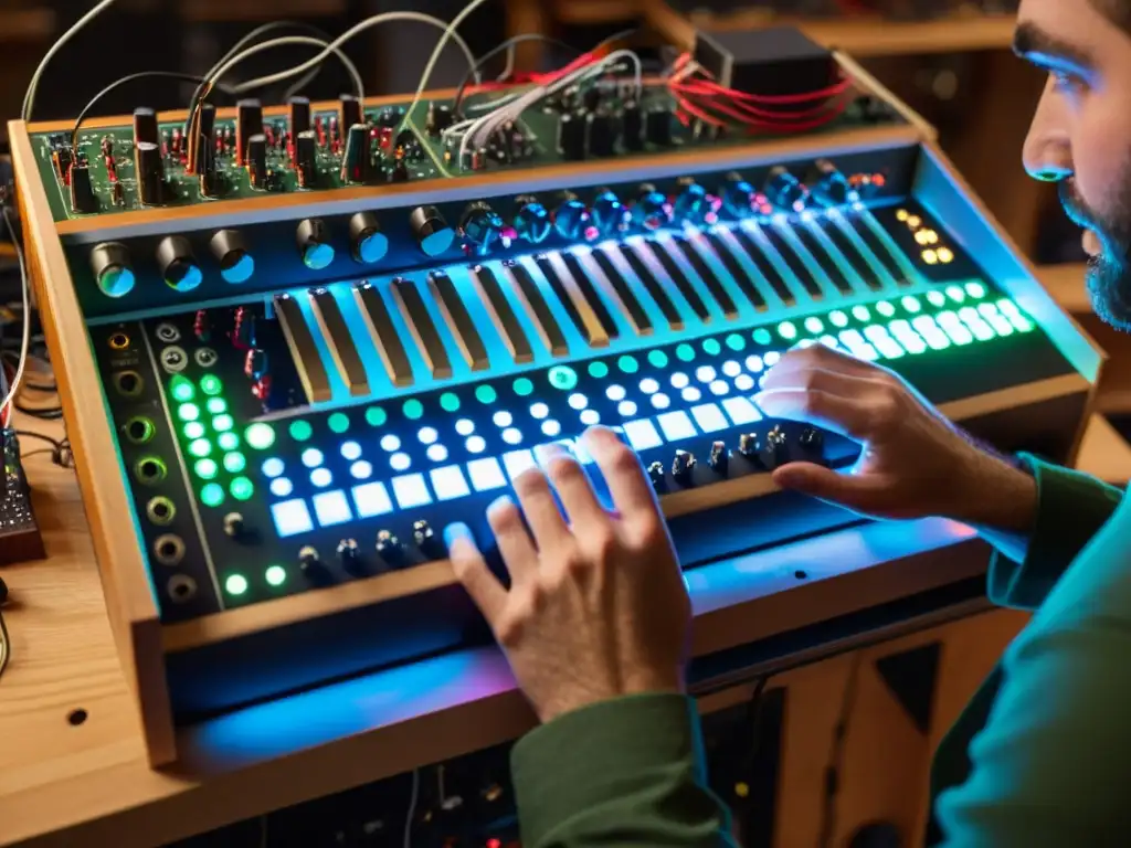 Un artesano ensambla con cuidado un sintetizador modular en su taller, creando instrumentos musicales del techno Detroit