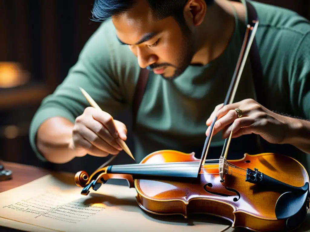 Un artesano restaura con cuidado un violín antiguo en un estudio de conservación