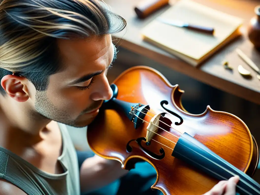 Un artesano restaura con cuidado un violín antiguo, rescatando instrumentos musicales olvidados con destreza y pasión