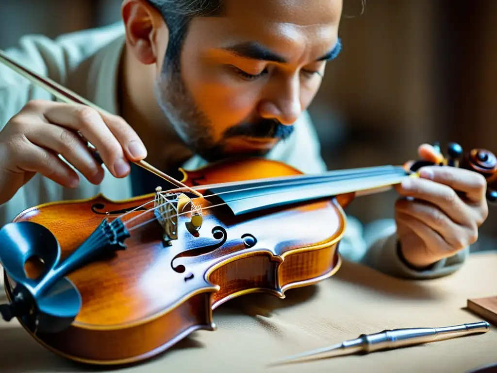 Un artesano restaura con cuidado un violín centenario, resaltando la dedicación en la restauración de instrumentos musicales históricos