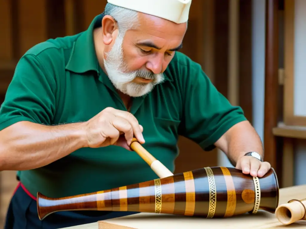 Un artesano cuidadoso talla la gaita gallega, mostrando la rica artesanía y la herencia de su construcción