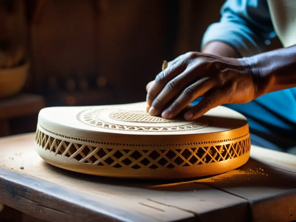 Un artesano hábil talla con dedicación un charango andino en su taller, capturando la historia del charango andino cultural