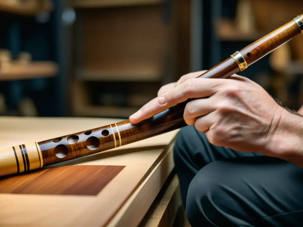 Un artesano esculpe con dedicación una oboe o clarinete sostenible, mostrando la artesanía ecoconsciente