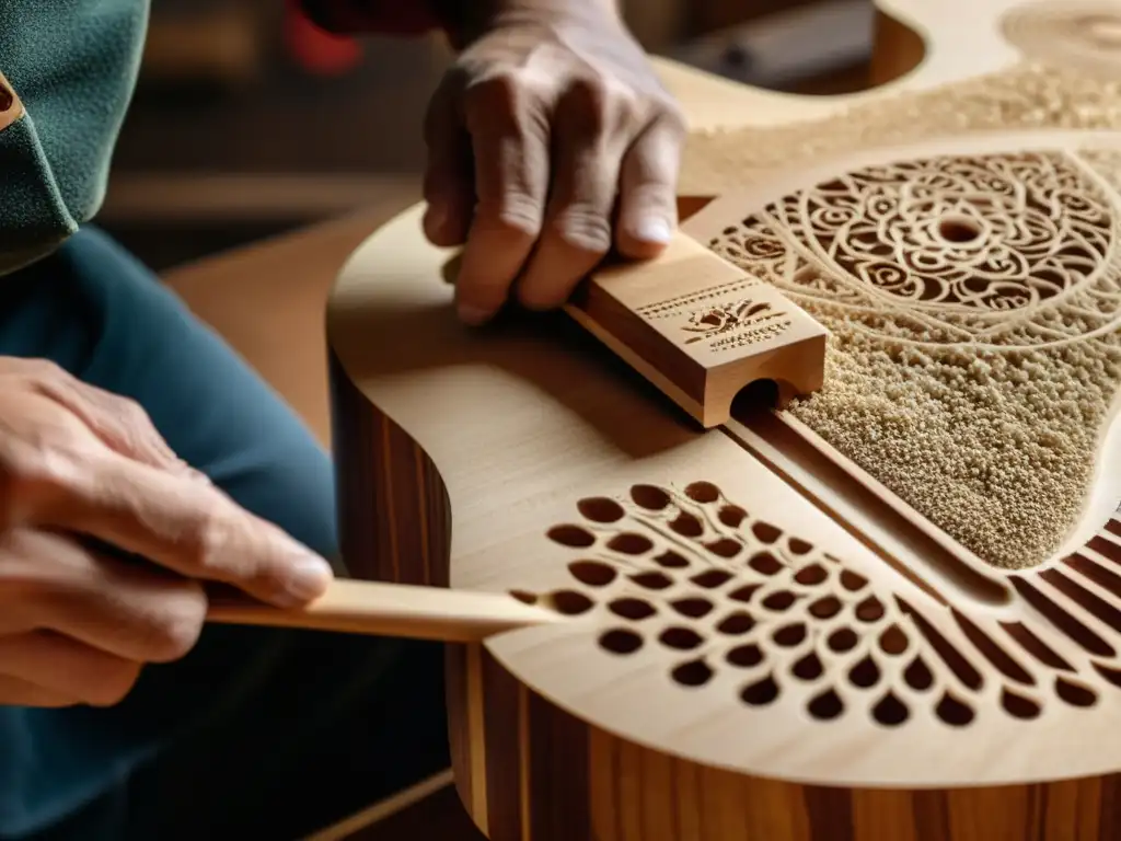 Un artesano tallando con dedicación una hermosa guitarra de madera sostenible, con virutas suspendidas en el aire