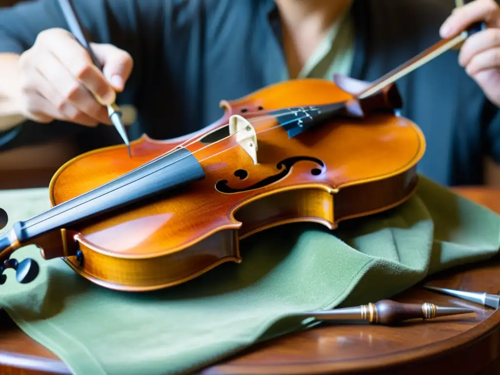 Un artesano restaura con dedicación un violín antiguo, rodeado de herramientas de restauración