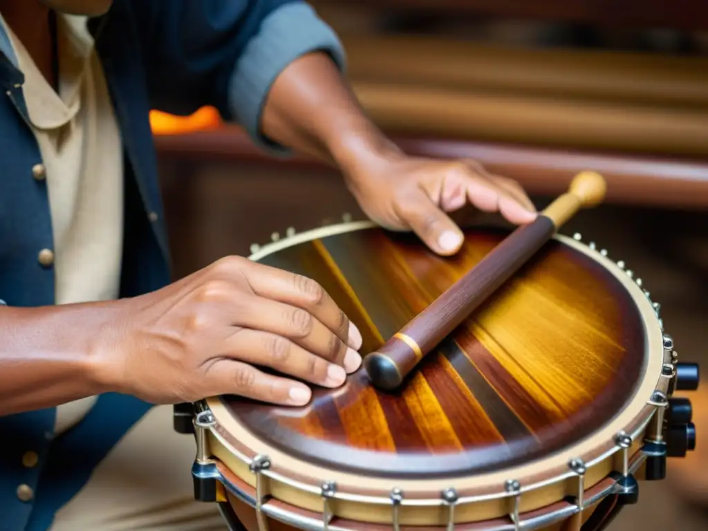 Un artesano restaura con delicadeza un antiguo instrumento de percusión étnico, resaltando la rica madera