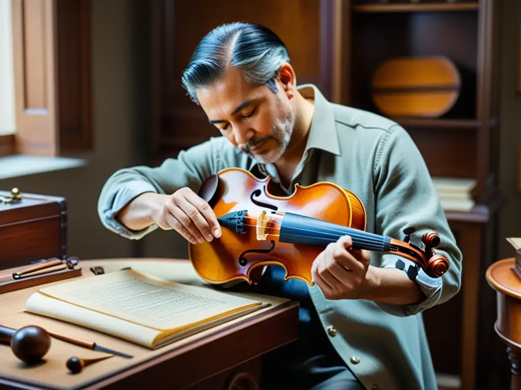 Un artesano restaura con delicadeza un violín centenario, rodeado de herramientas y documentos históricos, mostrando la importancia cultural de la restauración de instrumentos musicales