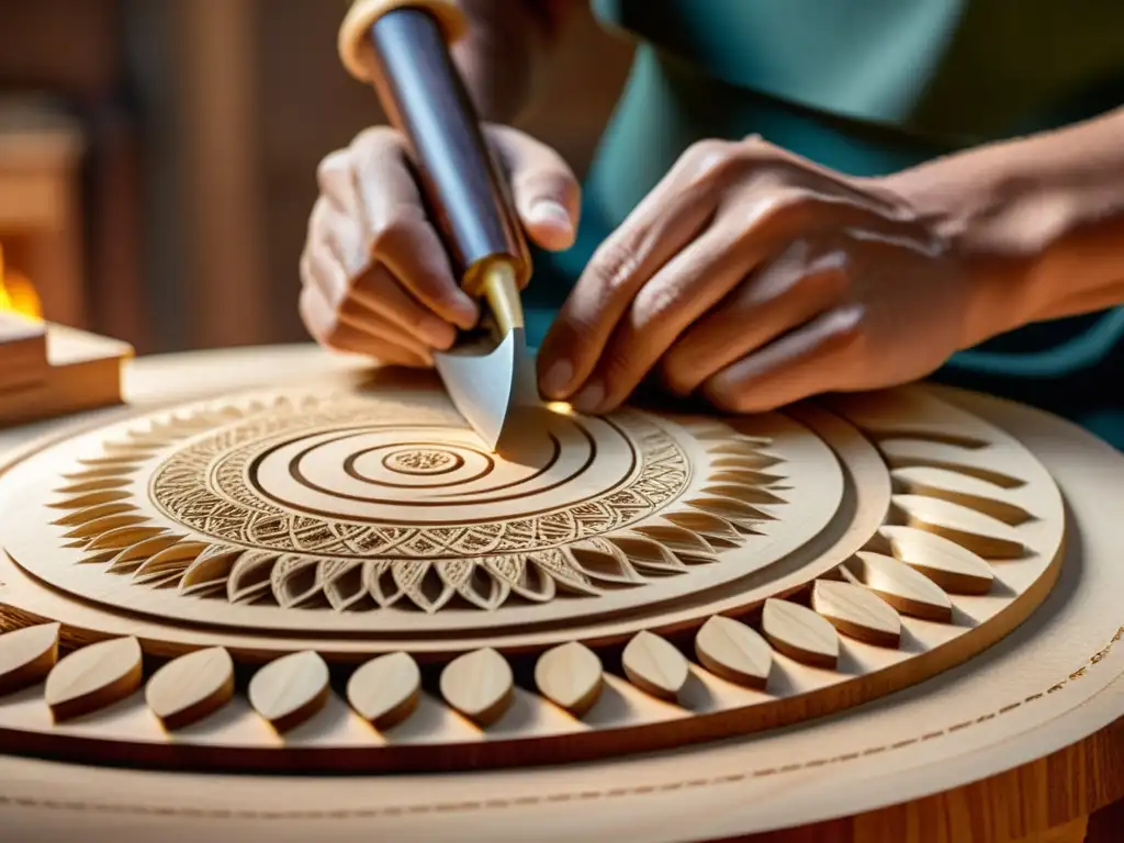 Un artesano luthier talla delicados diseños en la caja de resonancia de una cítara, en un taller iluminado cálidamente, capturando la historia y construcción de la cítara con meticulosidad artesanal