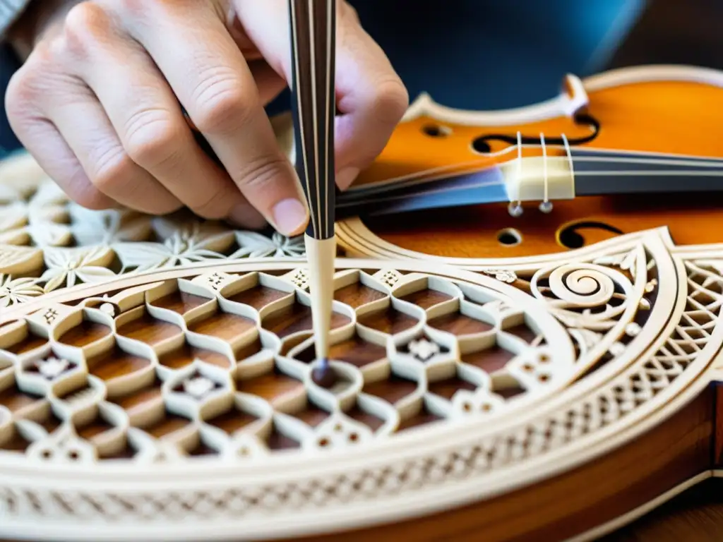 Artesano tallando delicados patrones florales en un Hardanger Fiddle, mostrando la historia y sonido del instrumento noruego