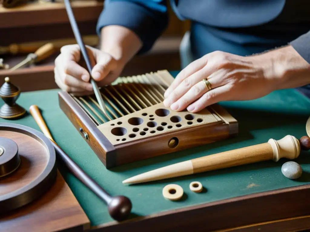 Un artesano restaura con destreza un antiguo instrumento musical rodeado de herramientas y materiales