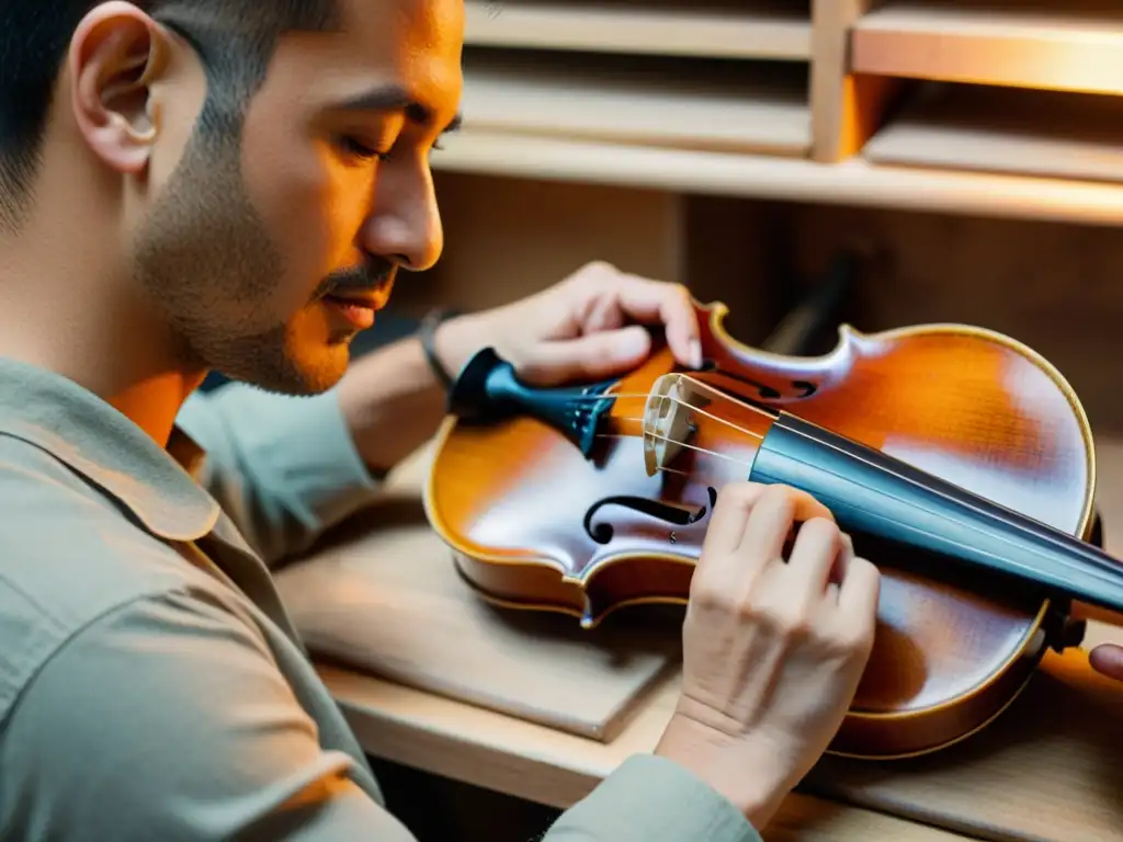 Un artesano restaura con destreza un antiguo violín, resaltando la calidez de la madera