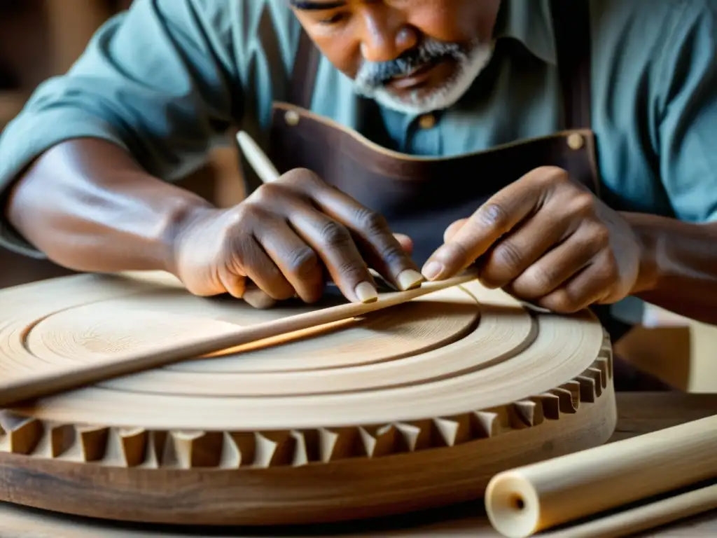 Artesano tallando con destreza un arco de madera para un instrumento de cuerda, destacando el arte de hacer arcos de manera meticulosa