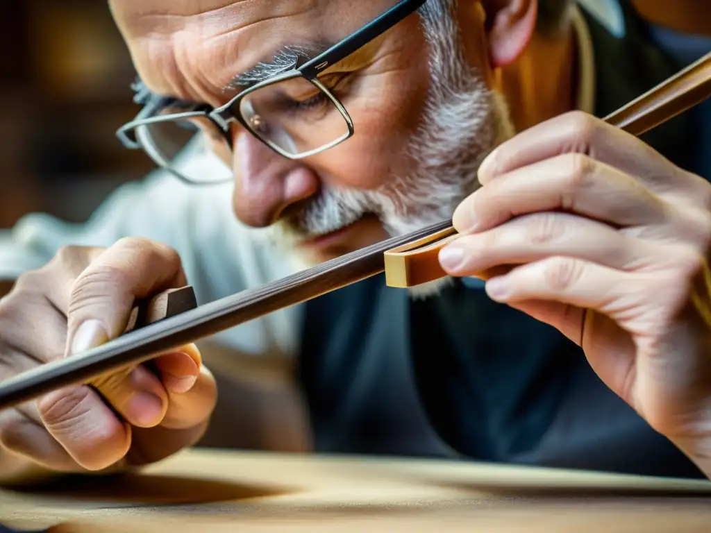 Artesano luthier esculpe con destreza un arco de violín, resaltando la precisión y el arte de hacer arcos para instrumentos de cuerda