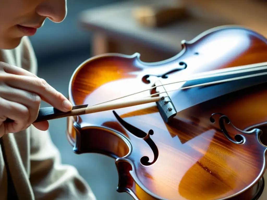 Un artesano aplica con destreza barniz a un violín, resaltando las técnicas de barnizado en violines con precisión y arte