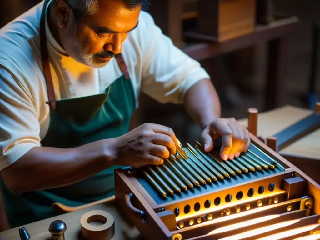 Un artesano del bandoneón ensambla con destreza las complejas piezas internas en su taller iluminado