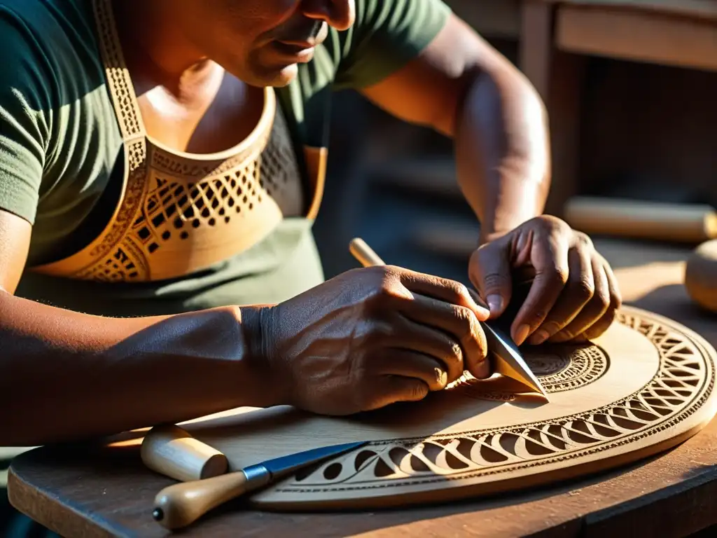 Artesano tallando con destreza la construcción del charango andino en un taller tenue