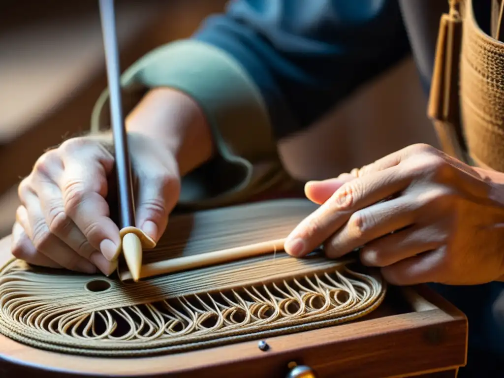 Un artesano restaura con destreza las cuerdas de un instrumento musical popular en su taller, bañado por cálida luz natural