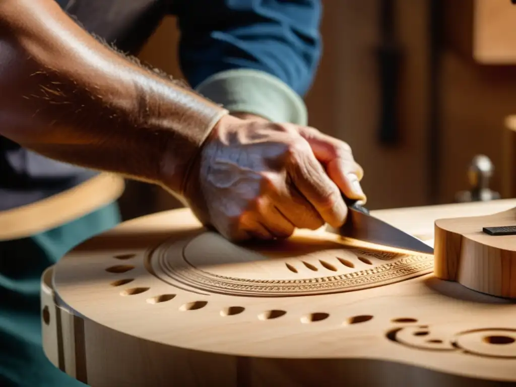 Un artesano luthier talla con destreza una guitarra en madera sostenible