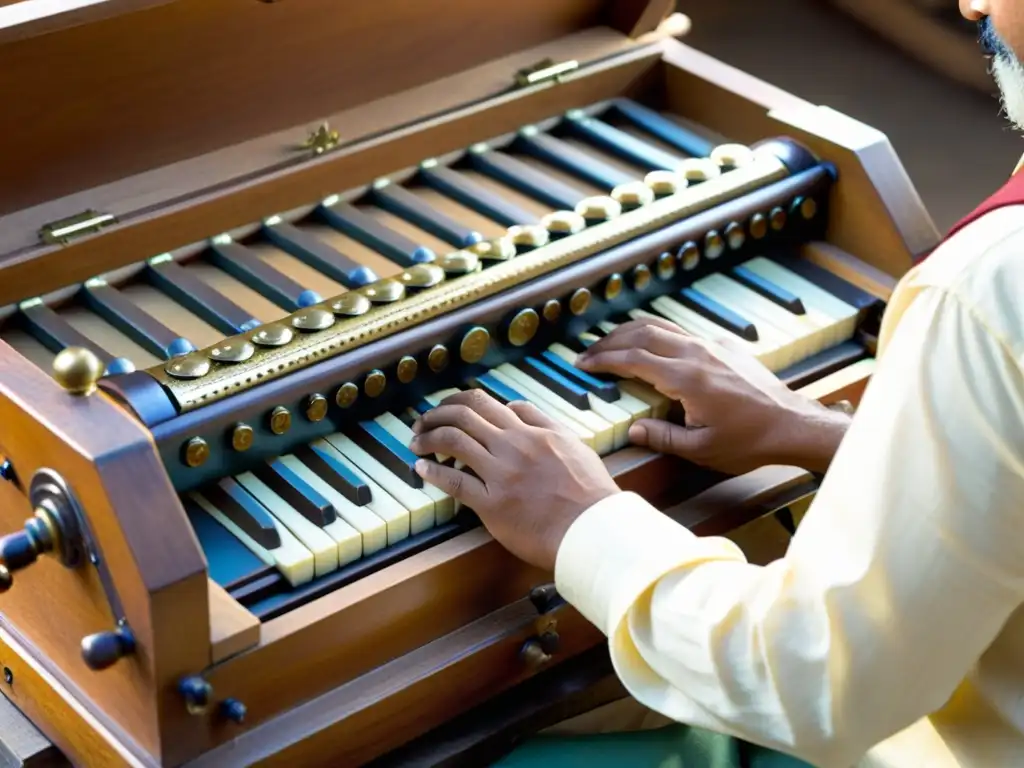 Un artesano ensambla con destreza un harmonio indio, resaltando la historia y sonido del harmonium indio en la música india