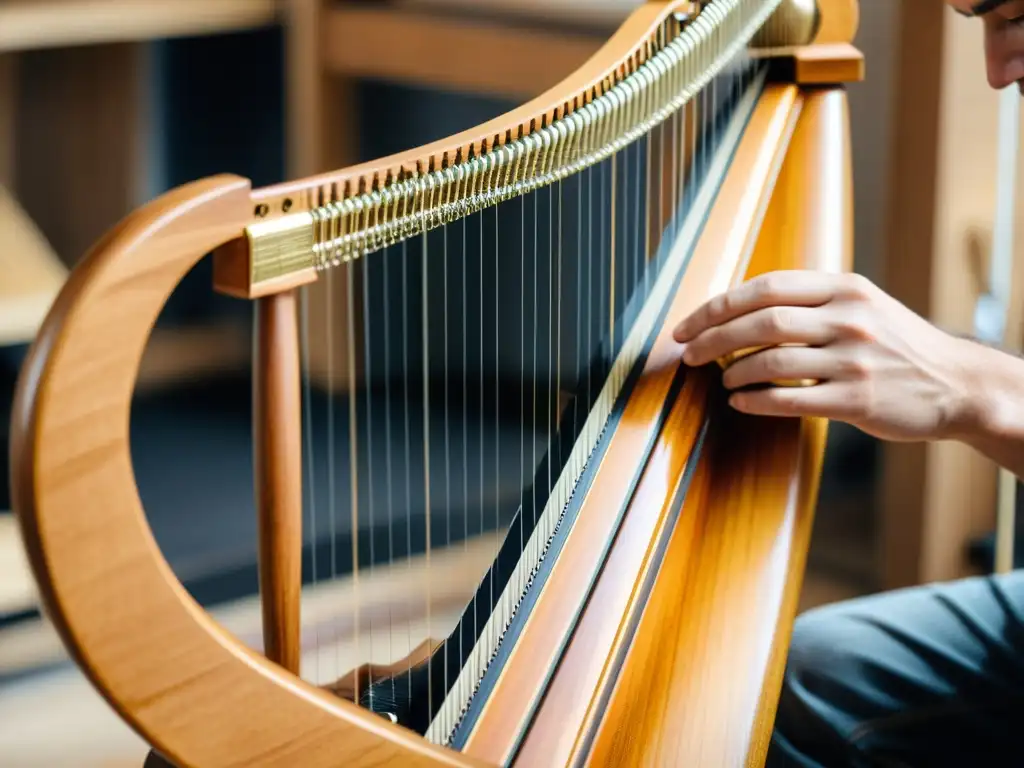 Artesano elaborando con destreza una harpa eólica, resaltando la historia, construcción y sonido del instrumento