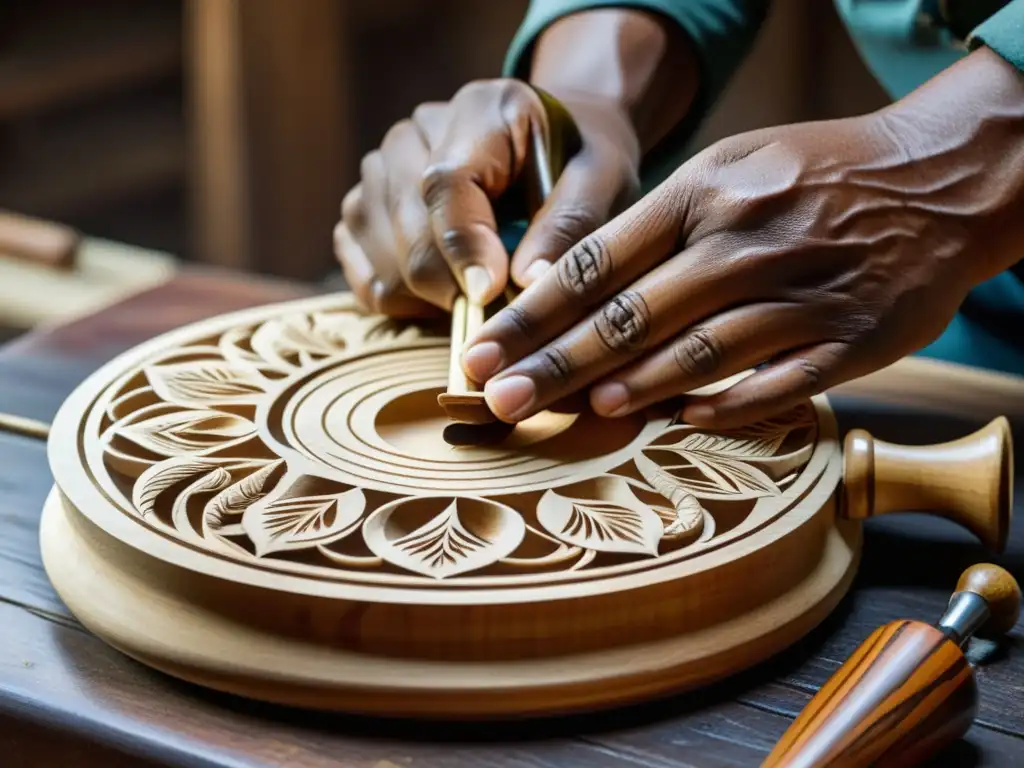 Artesano tallando con destreza un instrumento musical tradicional en madera, reflejando la importancia cultural de preservar instrumentos tradicionales