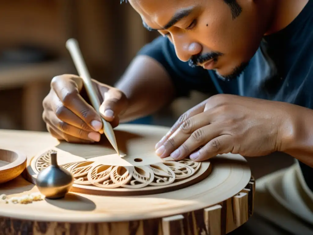 Un artesano tallando con destreza un instrumento musical sostenible de madera, con virutas dispersas