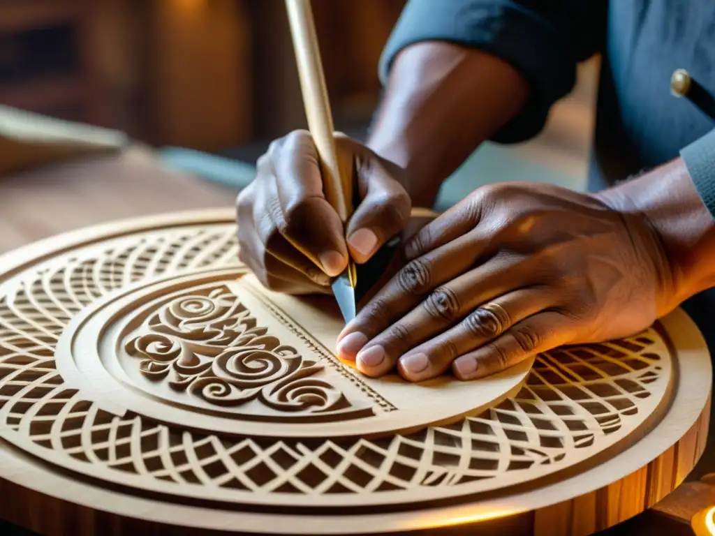 Un artesano esculpe con destreza un instrumento musical de madera, reflejando la evolución del diseño artesano de instrumentos