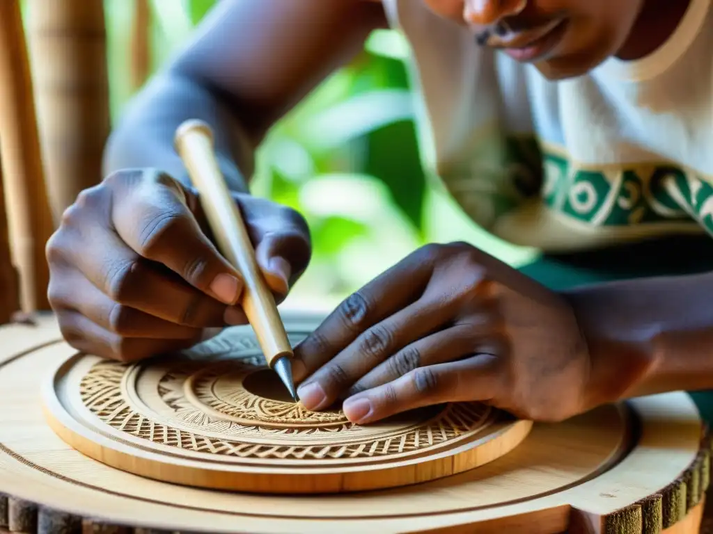 Artesano en Madagascar tallando con destreza un instrumento valiha, resaltando la rica herencia cultural de Madagascar