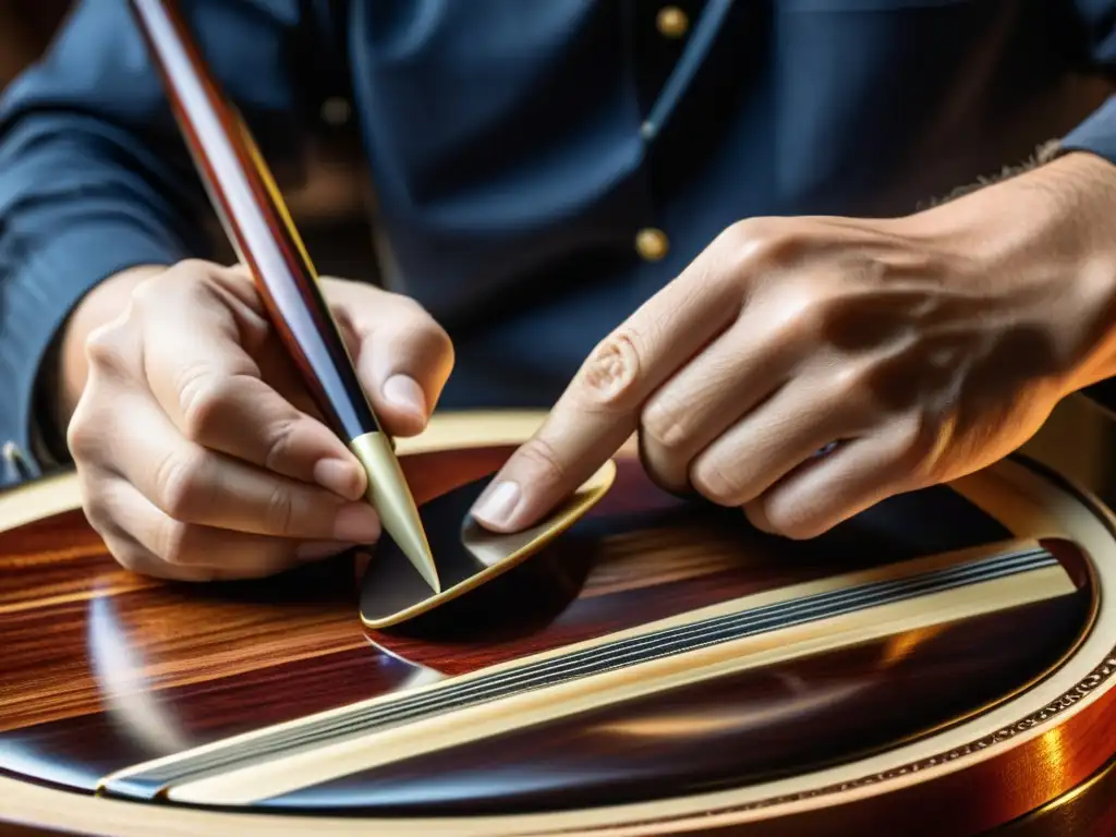 Un artesano aplica con destreza un nuevo barniz a un instrumento musical, resaltando la belleza natural de la madera