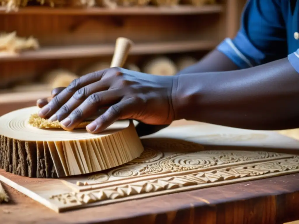 Un artesano en Kenia talla con destreza un Nyatiti, con herramientas tradicionales y otros instrumentos musicales en el fondo