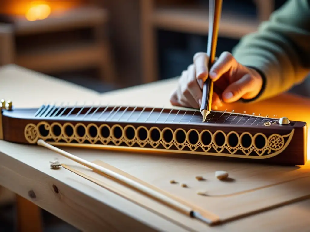 Artesano crea con destreza un Nyckelharpa sueco en un taller rústico