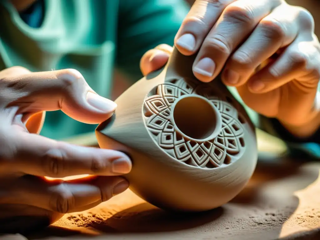 Artesano moldea con destreza una ocarina de arcilla, resaltando la historia del ocarina en la cultura con su artesanía tradicional