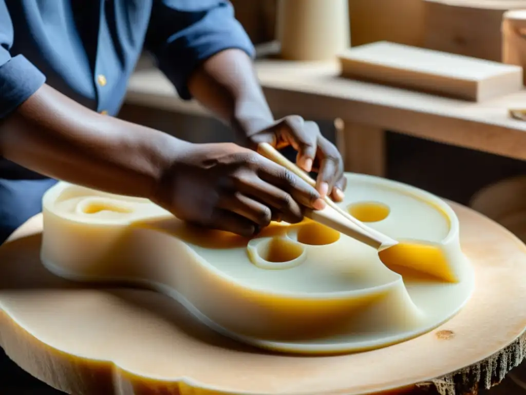 Un artesano moldea con destreza resinas ecológicas para instrumentos musicales, fusionando tradición e innovación sostenible