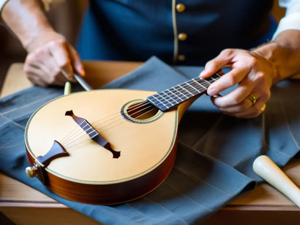 Un artesano crea con destreza una balalaika rusa o mandolina italiana, destacando la historia y construcción de instrumentos musicales